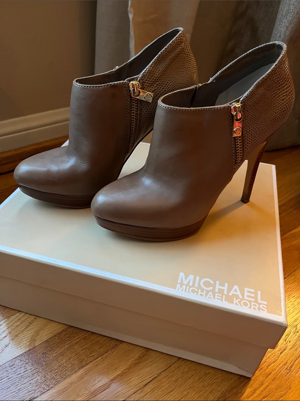 MICHAEL Michael Kors Taupe Brown Leather Platform Ankle Booties